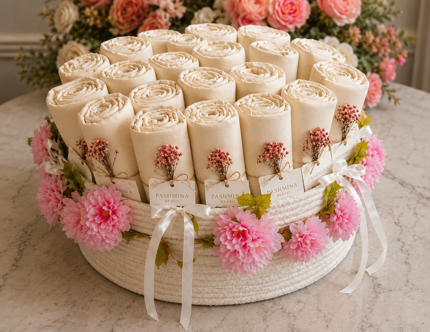 Pashminas Lembrancinha de Casamento Kit 10 uni e Cesto Florido