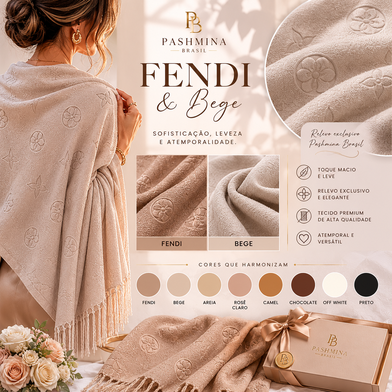 Pashmina FENDI Grossa com Relevo | Toque Cashmere Premium | 1,80 x 0,62 cm