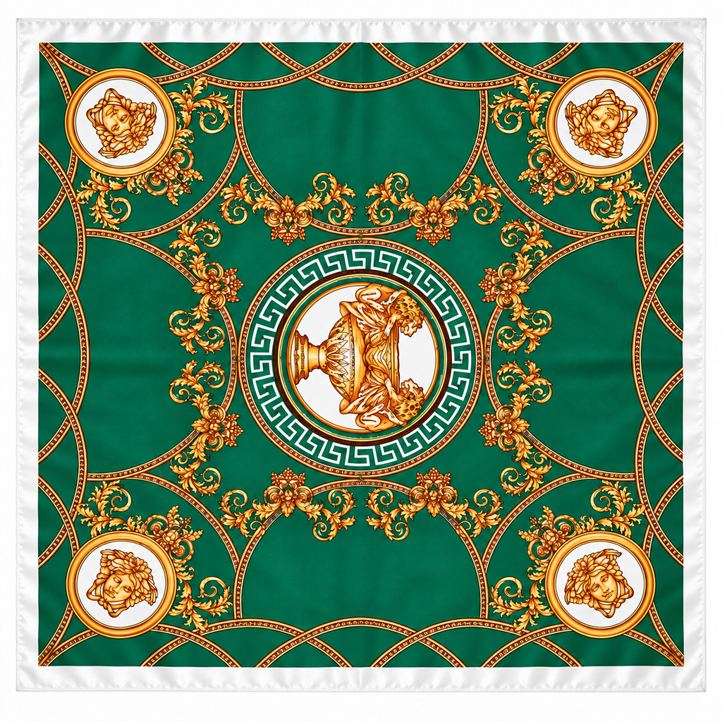 Lenço Versailles Green 90x90 – Seda Verde e Dourado