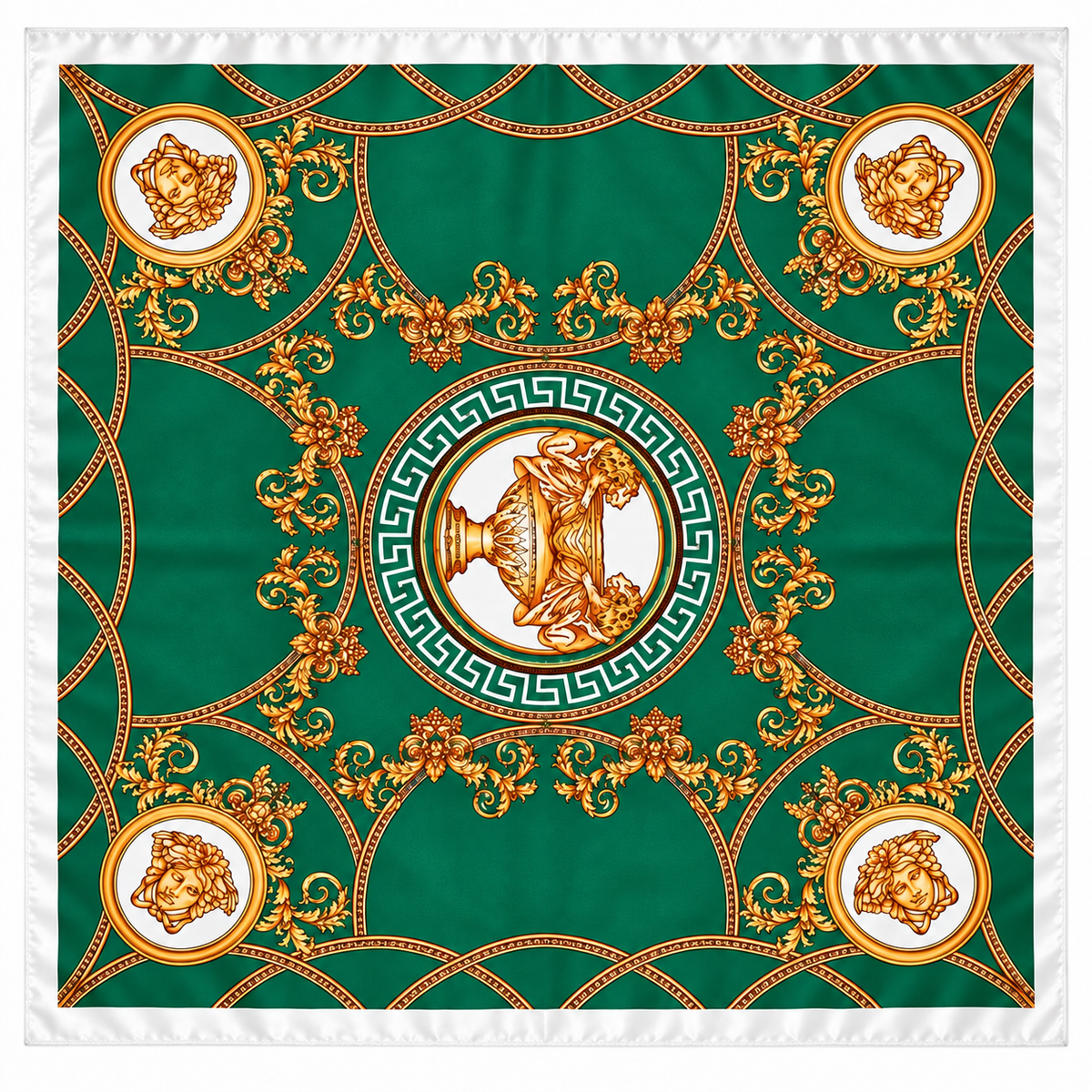 Lenço Versailles Green 90x90 – Seda Verde e Dourado