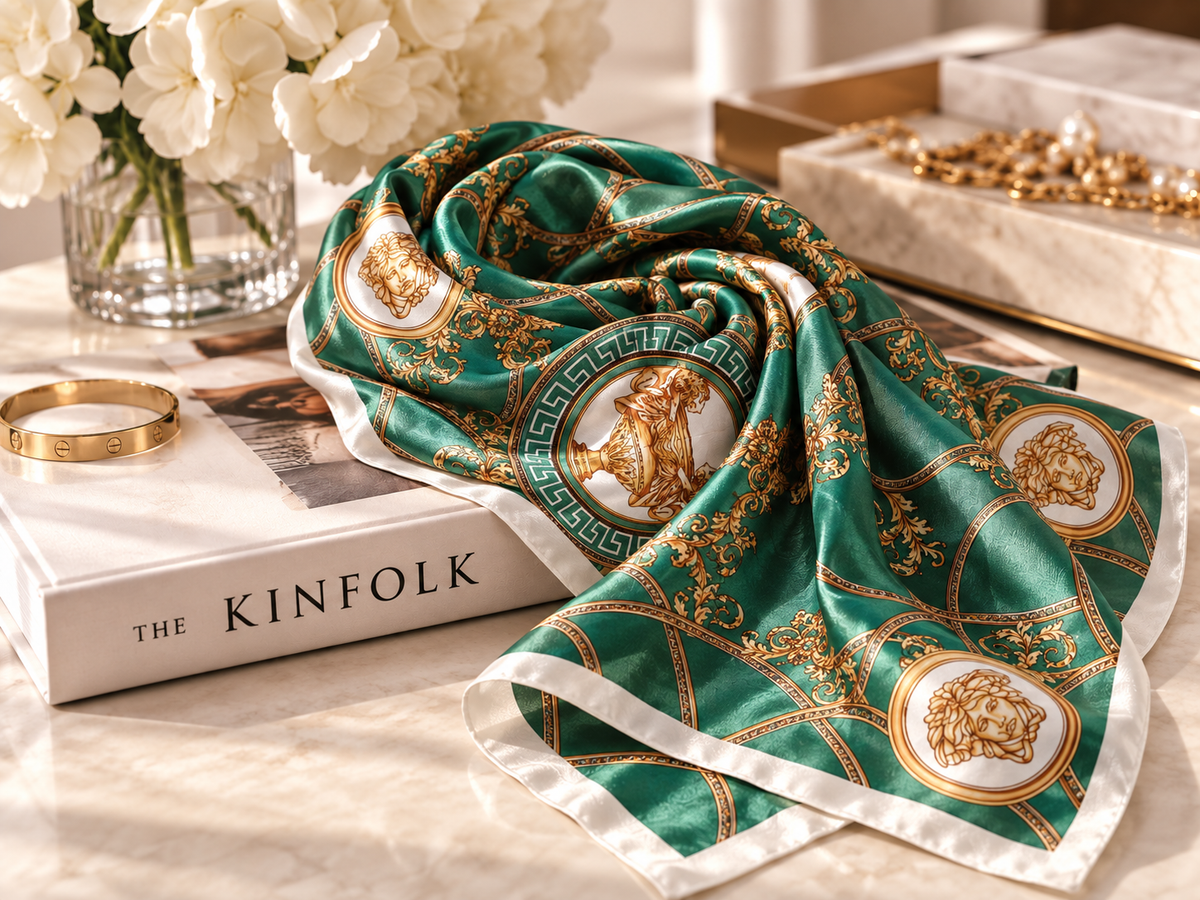 Lenço Versailles Green 90x90 – Seda Verde e Dourado
