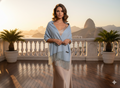 Pashmina Azul e Bege Dupla Face Quentinha Elegante 250gr. Grossa