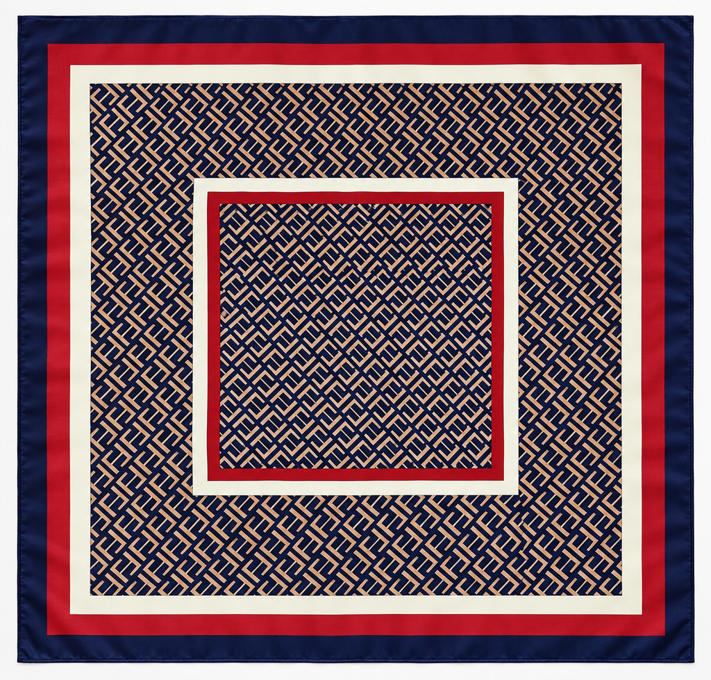 Lenço 90x90 Geométrico Azul Navy & Rouge Seda