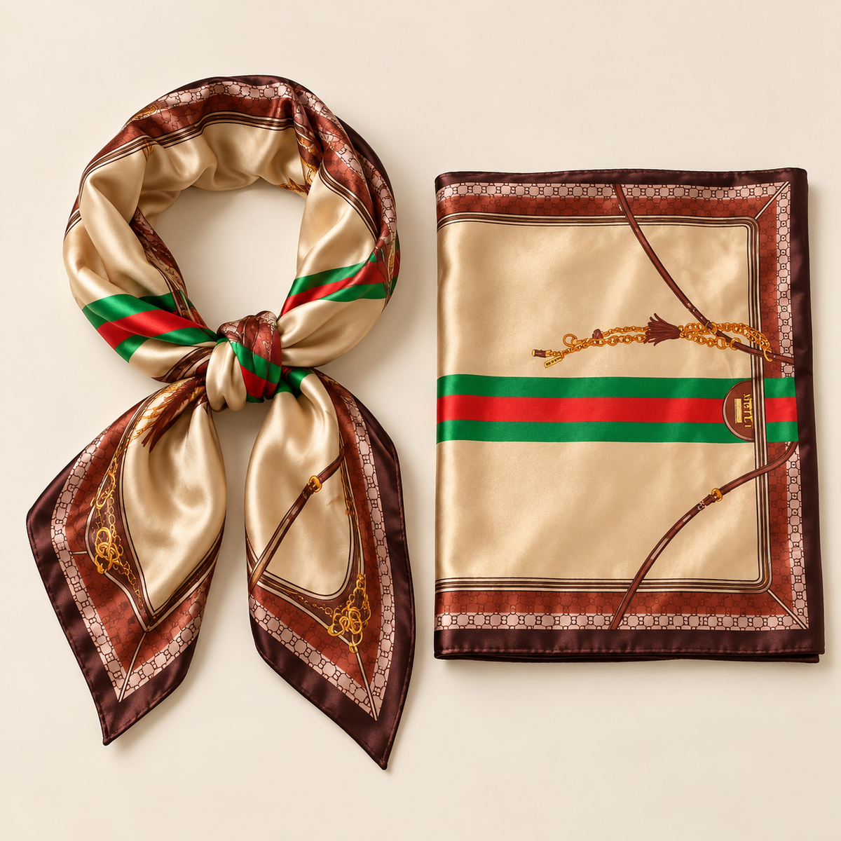 Lenço 90x90 Estampa Equestre Clássica – Bege