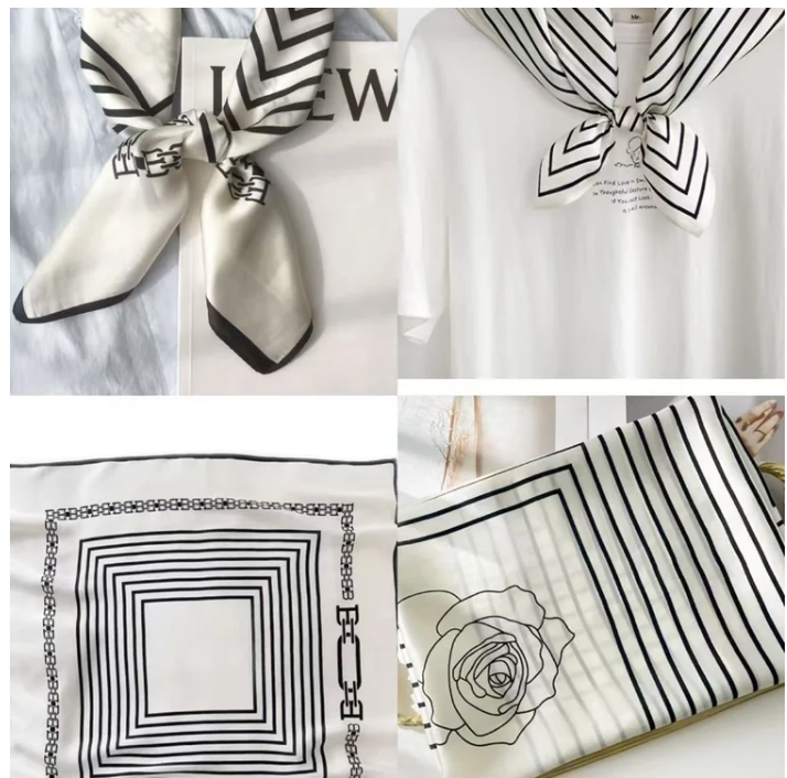 Lenço de Seda Feminino 70 × 70 cm Luxo Sofisticado Neutro Cabelo, Bolsa e Pescoço
