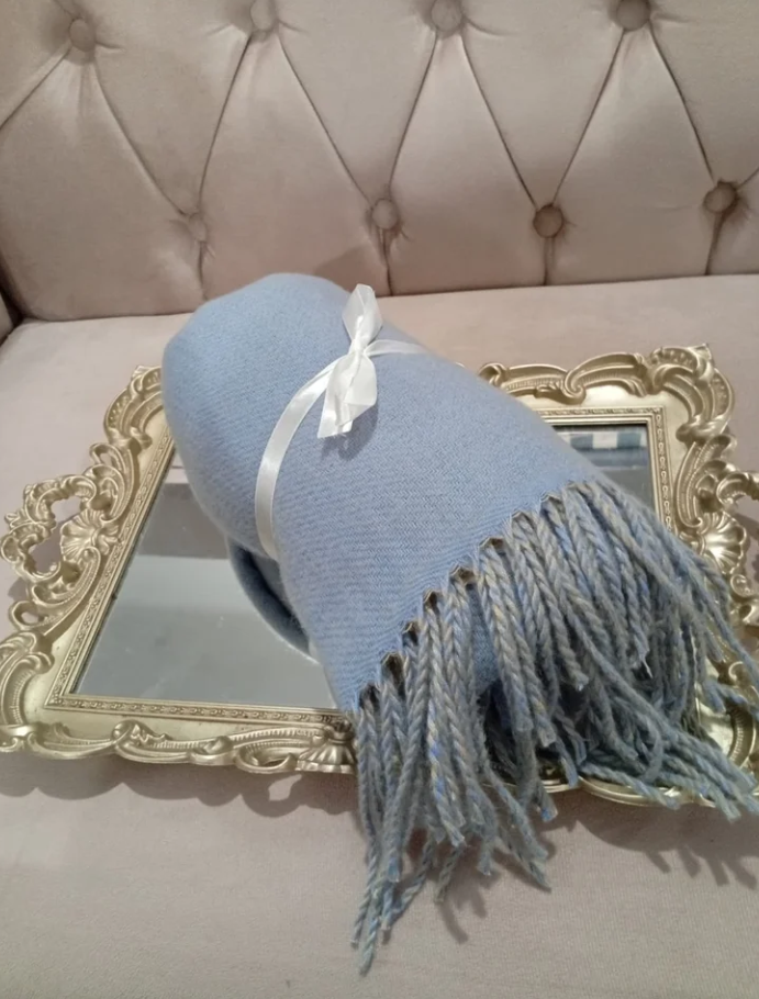 Pashmina Azul e Bege Dupla Face Quentinha Elegante 250gr. Grossa