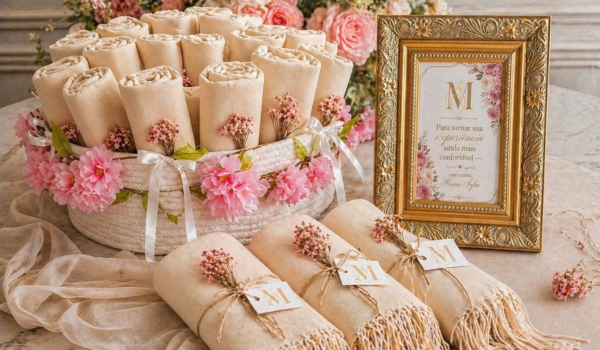 Pashminas Lembrancinha de Casamento Kit 10 uni e Cesto Florido